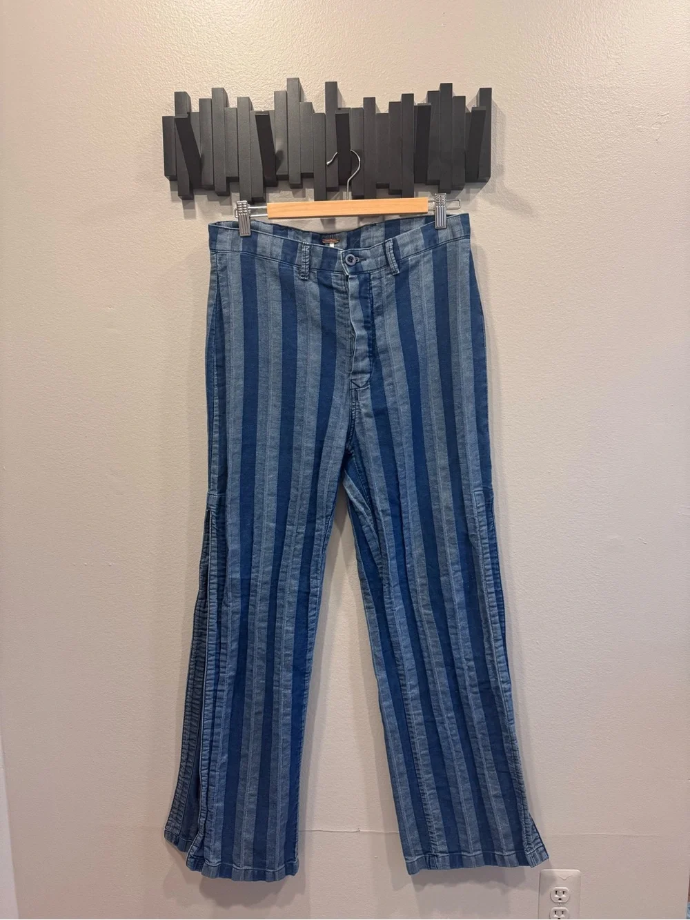 Free People Navy & Indigo Vertical-Strip Side-Slit Wide-Leg Pants